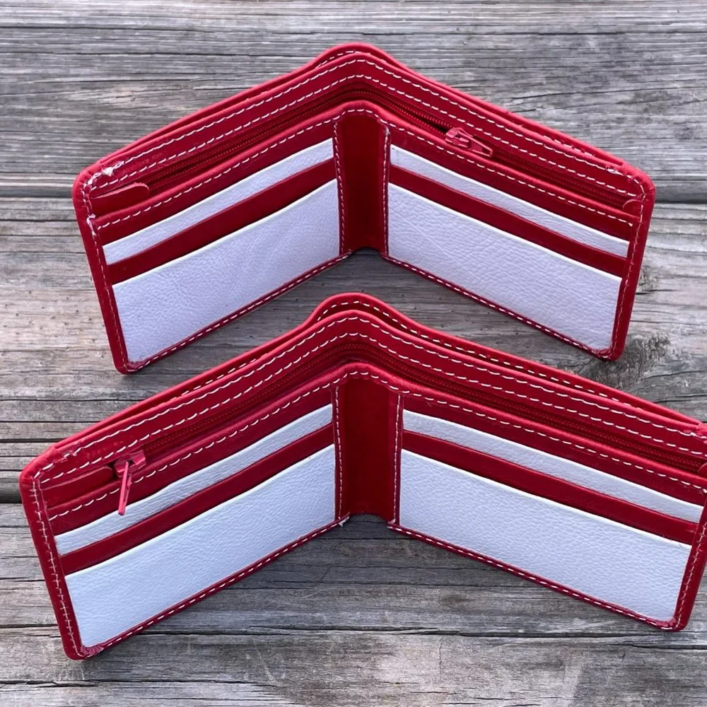 Cardholder Men Wallet RedWhite Leather Handmade Lot of 2 - Picture 12 of 14